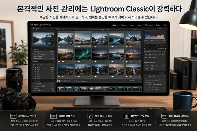 Lightroom Classic에서 수많은 사진을 별점, 태그, 키워드와 카탈로그로 체계적으로 관리하는 모습을 보여주는 이미지