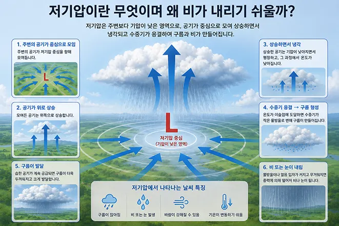 저기압 중심으로 공기가 모여 상승하고 냉각되면서 수증기가 응결해 구름과 비가 만들어지는 과정을 설명한 이미지