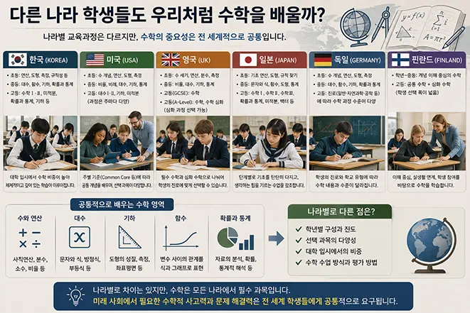 한국, 미국, 영국, 일본, 독일, 핀란드의 학교 수학 교육과정을 비교하고 공통적으로 배우는 수와 연산, 대수, 기하, 함수, 확률과 통계를 설명한 이미지