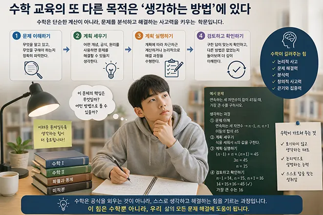 학생이 수학 문제를 이해하고 계획을 세운 뒤 풀이를 실행하고 검토하는 과정을 통해 논리적 사고력과 문제 해결 능력을 기르는 모습을 설명한 이미지
