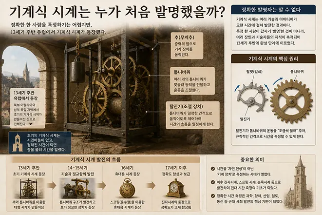 13세기 후반 유럽에서 등장한 초기 기계식 시계의 추와 톱니바퀴, 탈진기 구조와 작동 원리를 설명한 이미지