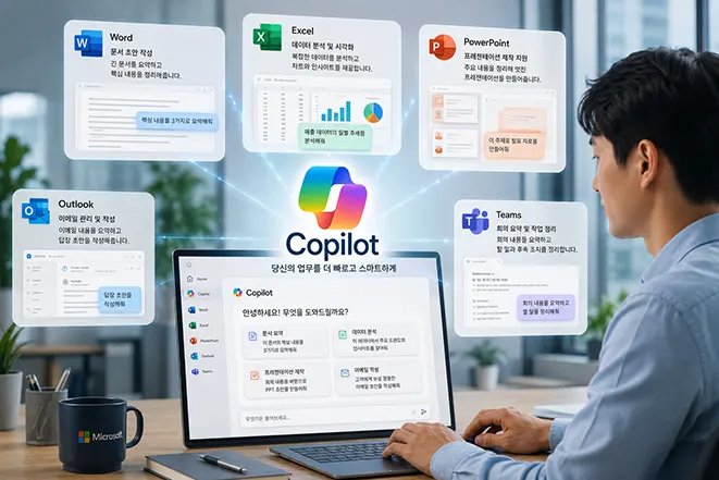 Microsoft Copilot이 Word, Excel, PowerPoint, Outlook, Teams와 연결되어 문서 작성과 데이터 분석 등 업무를 지원하는 모습