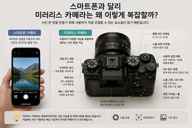 스마트폰 카메라와 미러리스 카메라를 비교하며 촬영 모드, 노출 보정, ISO, 초점 등 다양한 조작 기능을 설명하는 이미지