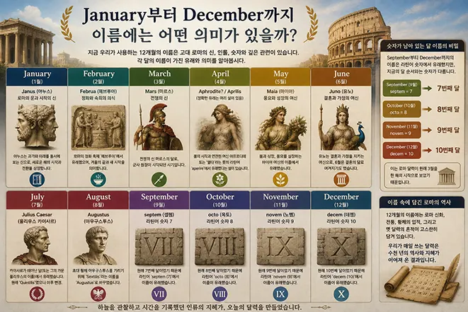 January부터 December까지 12개월 이름의 유래와 고대 로마의 신과 인물을 설명하는 이미지