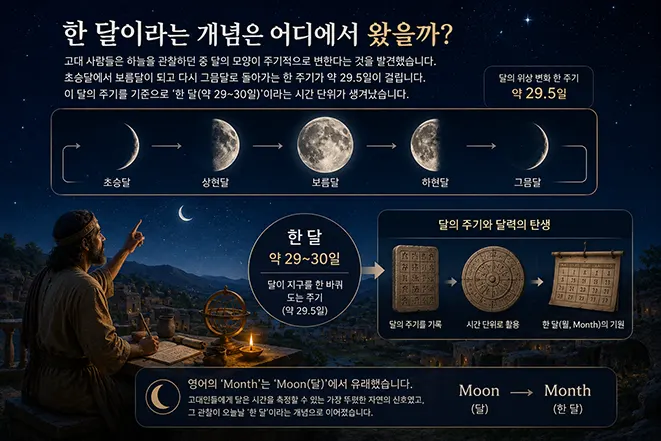 달의 위상 변화와 약 29.5일의 주기를 통해 한 달이라는 시간 단위의 기원을 설명하는 이미지