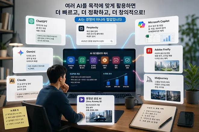 ChatGPT, Gemini, Claude, Perplexity, Microsoft Copilot, Adobe Firefly, Midjourney 등 여러 AI를 목적에 따라 함께 활용하는 모습