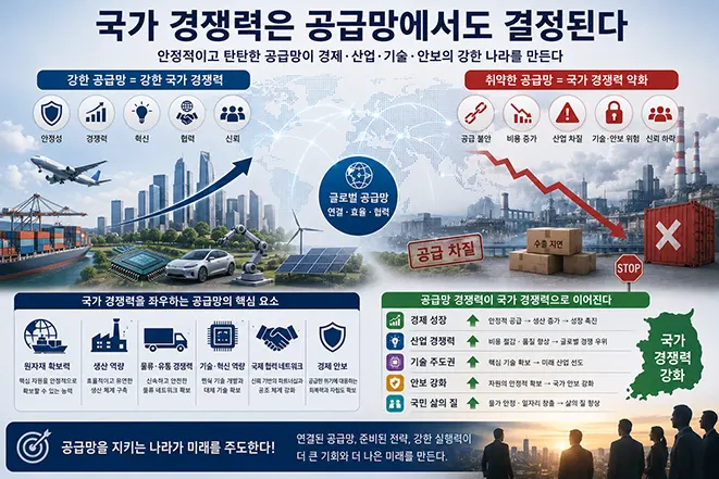 안정적인 공급망이 국가 경쟁력과 경제 성장, 산업 발전, 기술 혁신, 경제 안보를 결정하는 과정을 설명하는 인포그래픽