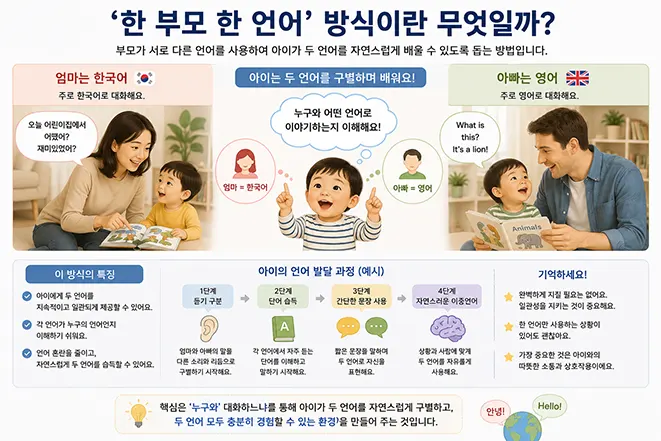엄마는 한국어, 아빠는 영어로 아이와 대화하며 두 언어를 자연스럽게 경험하게 하는 한 부모 한 언어 방식을 설명하는 이미지