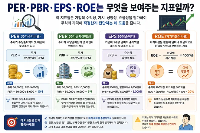 PER PBR EPS ROE의 의미와 계산 방법을 비교하여 기업의 수익성, 자산가치, 주당순이익, 자기자본이익률을 설명한 이미지