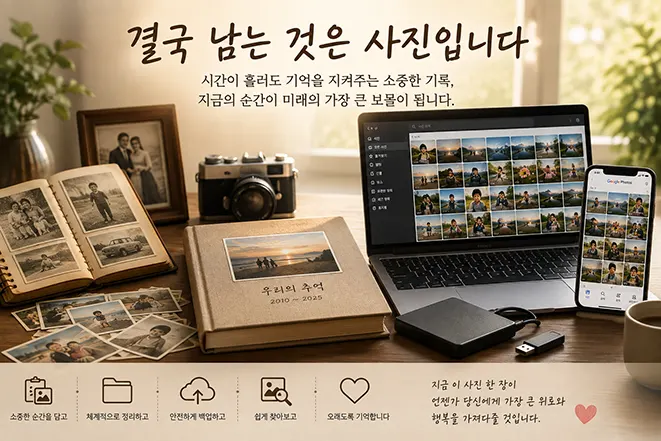 오래된 가족사진과 사진 앨범, 카메라, PC와 스마트폰의 디지털 사진을 통해 시간이 지나도 사진으로 추억을 간직하는 모습을 표현한 이미지