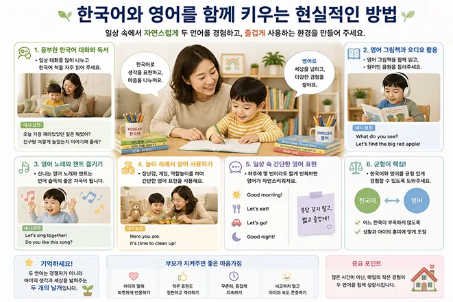부모와 아이가 한국어 대화와 독서, 영어 그림책, 노래, 놀이와 일상 표현을 활용해 한국어와 영어를 함께 배우는 현실적인 방법을 설명하는 이미지
