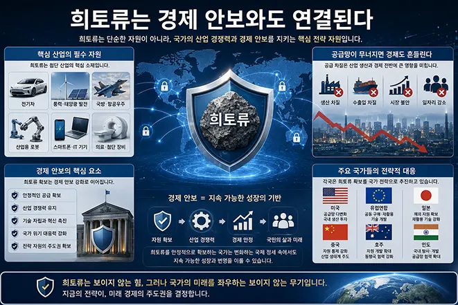 희토류가 경제 안보와 국가 경쟁력에 미치는 영향과 주요 국가들의 공급망 전략을 설명하는 인포그래픽
