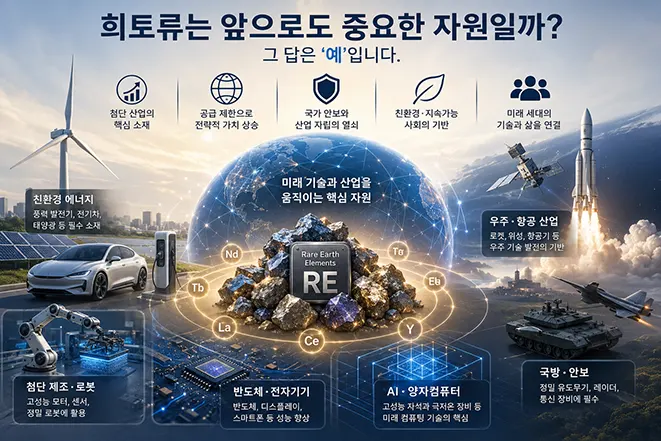 희토류가 미래 산업의 핵심 자원임을 보여주는 이미지로 AI, 양자컴퓨터, 반도체, 전기자동차, 친환경 에너지, 우주 산업, 국방 분야에서의 희토류 활용을 표현한 미래 기술 인포그래픽