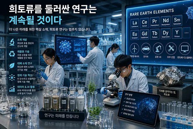 희토류 연구와 미래 기술 개발을 보여주는 이미지로 연구원, 실험실, 희토류 원소 분석 화면, 재활용 기술, 첨단 산업 활용 분야를 표현한 인포그래픽