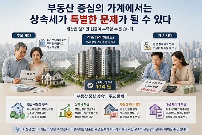 부동산 중심 가계에서 부모의 주택을 자녀가 상속할 때 상속세 납부를 위한 현금 부족과 부동산 매각 문제가 발생할 수 있음을 설명한 이미지