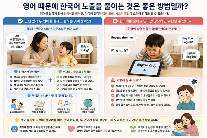 영어 조기교육을 위해 한국어 노출을 줄이는 방법과 한국어와 영어를 균형 있게 경험하는 방법을 비교한 이미지