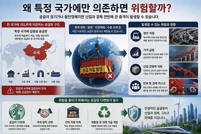 특정 국가에 공급망을 과도하게 의존할 경우 공급 차질, 생산 중단, 가격 상승, 산업 경쟁력 약화, 경제 안보 위험이 발생할 수 있음을 설명하는 인포그래픽