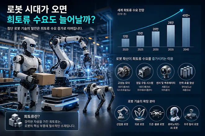 로봇 시대의 성장과 희토류 수요 증가를 설명하는 이미지로 산업용 로봇, 휴머노이드 로봇, 희토류 영구자석 활용 분야와 미래 수요 전망을 보여주는 인포그래픽