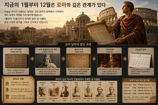 고대 로마 달력에서 현대의 1월부터 12월까지 달력 체계가 발전한 과정을 설명하는 이미지