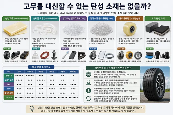 천연고무와 실리콘 고무, TPE, TPU, 폴리우레탄 등 다양한 탄성 소재의 특징과 타이어 대체 가능성을 비교한 이미지