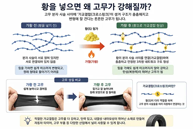황을 첨가한 고무의 가황 과정에서 고분자 사슬 사이에 가교결합이 형성되어 강도와 탄성이 높아지는 원리를 설명한 이미지