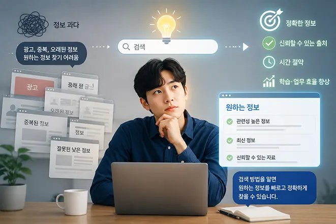 인터넷 검색을 통해 불필요한 정보를 걸러내고 원하는 정보를 효율적으로 찾는 과정을 표현한 일러스트