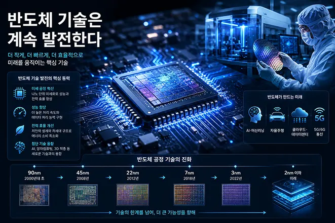 반도체 기술 발전 과정을 보여주는 이미지로 첨단 반도체 공정, 미세화 기술, 반도체 칩, AI와 미래 산업 활용 분야를 설명하는 인포그래픽