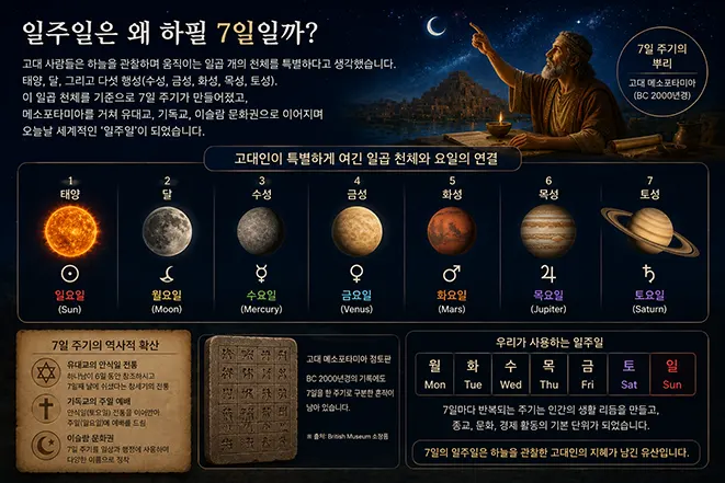 태양과 달, 수성, 금성, 화성, 목성, 토성과 7일 일주일의 기원을 설명하는 이미지