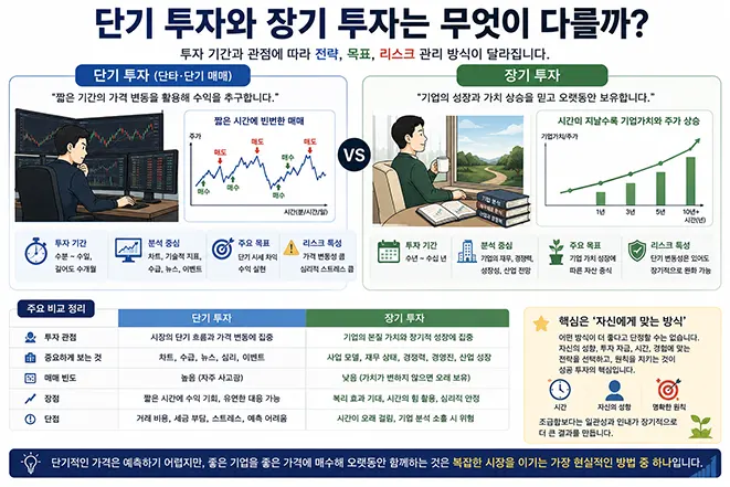 단기 투자와 장기 투자의 투자 기간, 분석 기준, 목표, 위험 특성을 비교하여 설명한 이미지