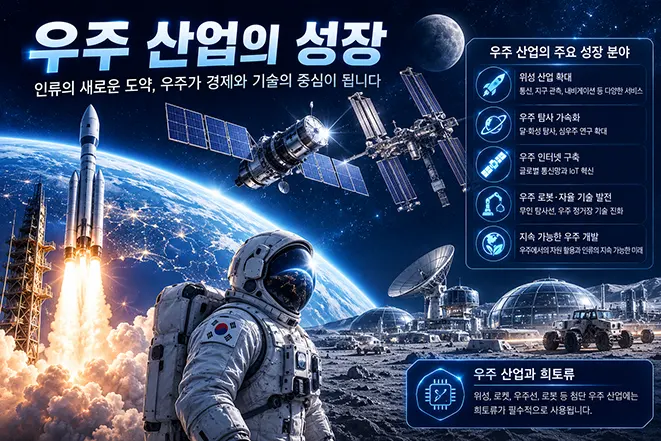 우주 산업 성장과 희토류의 활용 관계를 보여주는 이미지로 로켓, 인공위성, 우주비행사, 우주 탐사 장비와 희토류 핵심 소재의 중요성을 표현한 인포그래픽