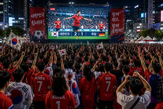 대형 전광판으로 축구 경기를 보며 태극기를 흔들고 함께 응원하는 시민들의 모습