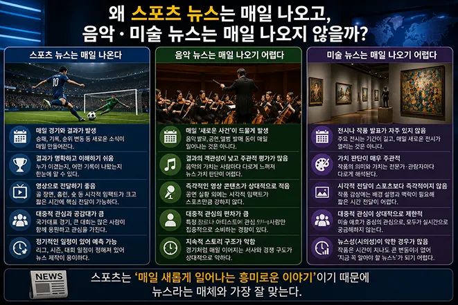 스포츠 뉴스와 음악·미술 뉴스를 비교하여 스포츠 뉴스가 매일 방송되기 적합한 이유를 설명하는 이미지