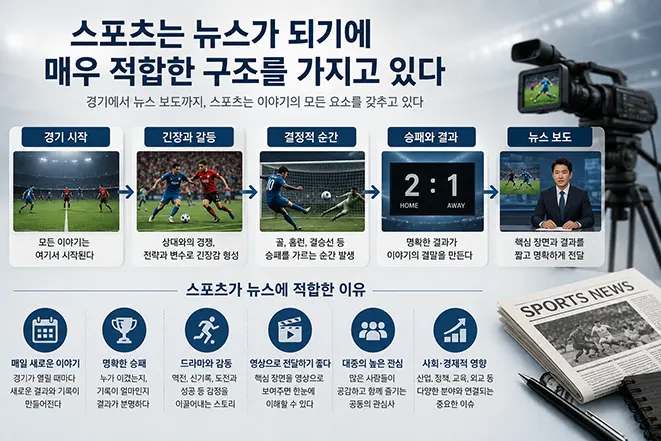 경기 시작부터 긴장과 갈등, 결정적 순간, 승패와 결과, 뉴스 보도까지 스포츠가 뉴스에 적합한 구조를 보여주는 이미지