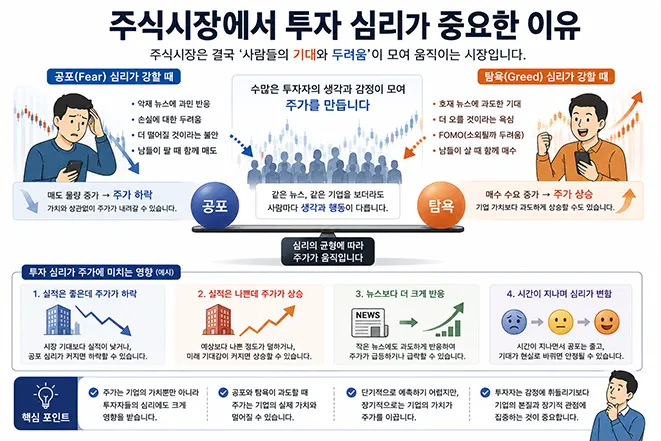 주식시장에서 공포와 탐욕 같은 투자 심리가 매수와 매도 행동에 영향을 주어 주가 상승과 하락으로 이어지는 과정을 설명한 이미지