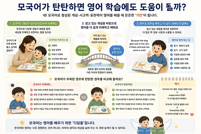 탄탄한 한국어 모국어 능력이 아이의 영어 단어와 개념 이해, 사고력과 표현력 발달에 어떻게 도움이 되는지 설명하는 이미지