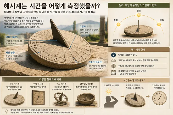 태양의 이동에 따라 달라지는 영침의 그림자 위치를 이용해 시간을 측정하는 해시계의 원리를 설명한 이미지