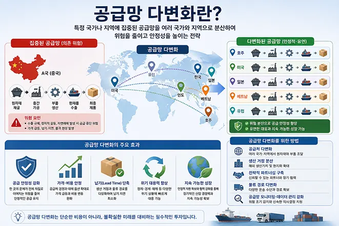 공급망 다변화의 개념과 국가별 공급선 분산, 공급 안정성 향상, 가격 안정, 경제 안보 강화를 설명하는 인포그래픽