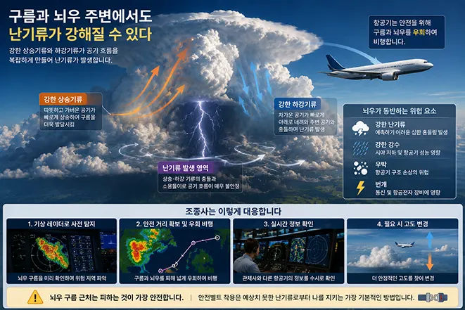 적란운과 뇌우 주변의 강한 상승기류와 하강기류로 난기류가 발생하고 비행기가 위험 지역을 우회하는 모습을 설명한 이미지