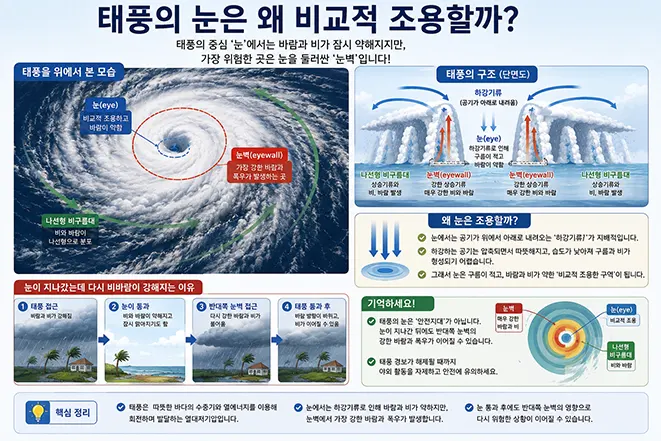 태풍의 눈과 눈벽 구조를 비교하고 태풍 중심부의 눈에서 바람과 비가 상대적으로 약해지는 이유를 설명한 이미지