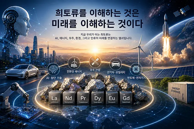 희토류가 미래 산업의 핵심 자원임을 보여주는 이미지로 AI, 친환경 에너지, 우주 산업, 전기자동차, 반도체 기술과 희토류 원소의 연결 관계를 표현한 미래 기술 인포그래픽