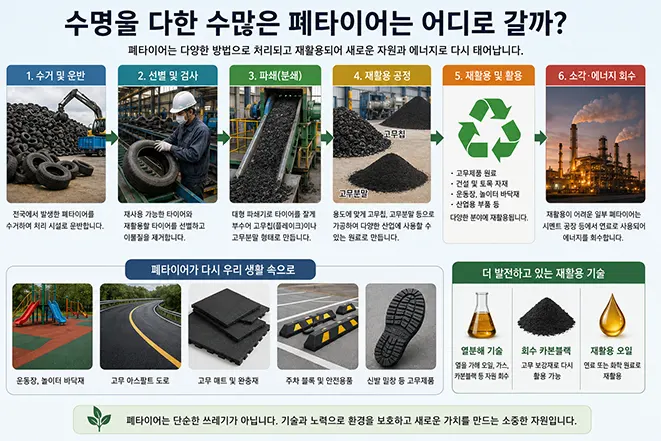 수명을 다한 폐타이어의 수거와 선별, 파쇄, 고무칩 및 고무분말 재활용과 에너지 회수 과정을 설명한 이미지