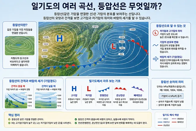 일기도에서 고기압과 저기압의 위치, 등압선의 간격, 기압 수치와 전선 기호를 설명하는 기상 정보 이미지