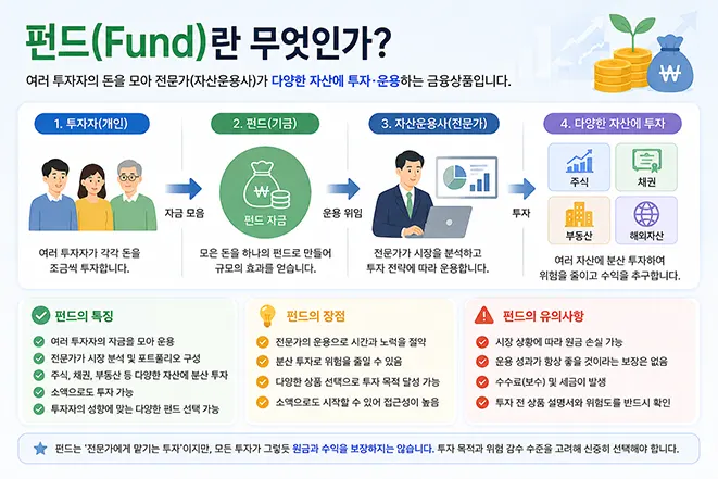 펀드의 개념과 자산운용사의 역할, 분산투자 과정을 설명하는 인포그래픽 이미지