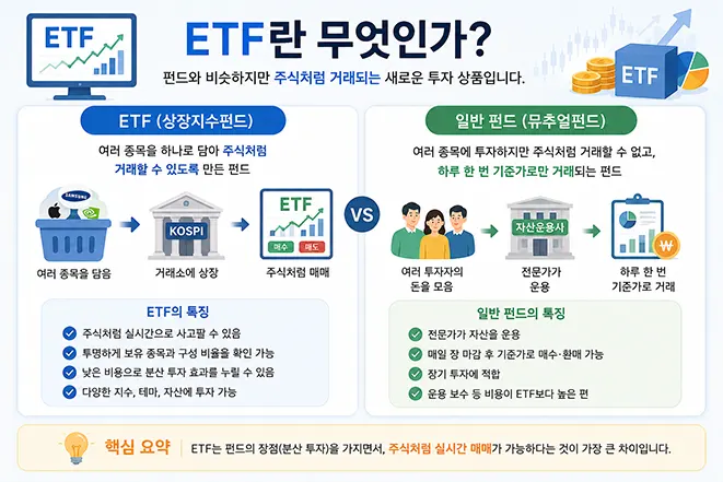 ETF와 일반 펀드의 차이점, 거래 방식 및 특징을 비교하여 설명하는 인포그래픽 이미지