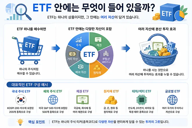 ETF 안에 포함되는 다양한 자산과 분산투자 효과를 설명하는 인포그래픽 이미지