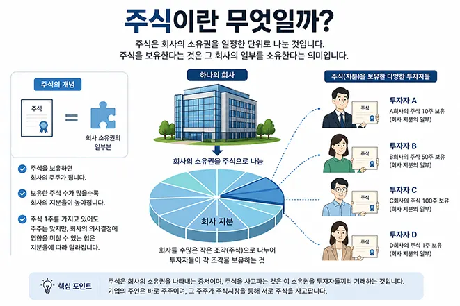 회사의 소유권을 여러 주식으로 나누고 투자자들이 각각의 지분을 보유하는 주식의 기본 개념을 설명한 이미지