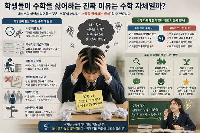 빠른 진도, 추상적인 수학 개념, 시험 중심 학습, 실수에 대한 두려움, 비교와 압박 등 학생들이 수학을 어려워하고 싫어하게 되는 여러 원인을 설명한 이미지