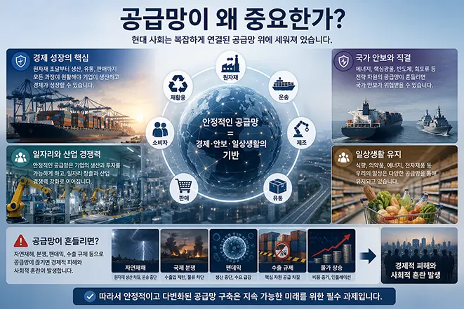 안정적인 공급망이 경제 성장, 국가 안보, 산업 경쟁력, 일상생활 유지에 미치는 영향을 설명하는 공급망 중요성 인포그래픽