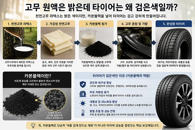 밝은색 천연고무에 카본블랙을 첨가하여 검은색 타이어가 만들어지는 과정과 카본블랙의 역할을 설명한 이미지
