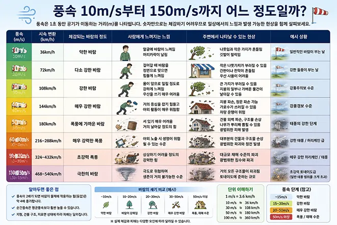 풍속 10m/s부터 150m/s까지 시속 환산과 사람이 느끼는 정도, 주변에서 발생할 수 있는 현상과 피해를 비교한 이미지